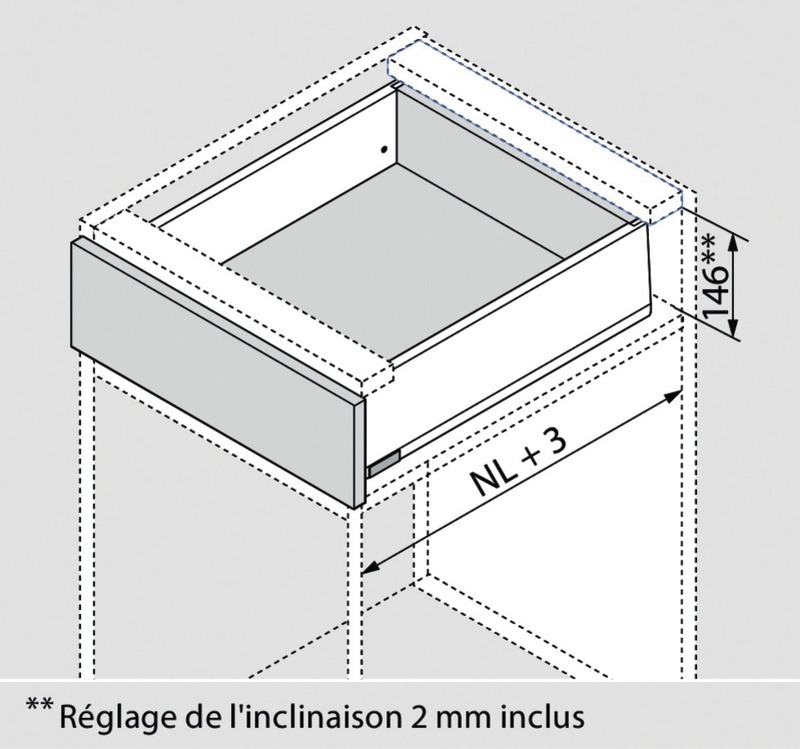 Tiroir à l'anglaise sur-mesure MERIVOBOX Blum - Hauteur : 129 mm