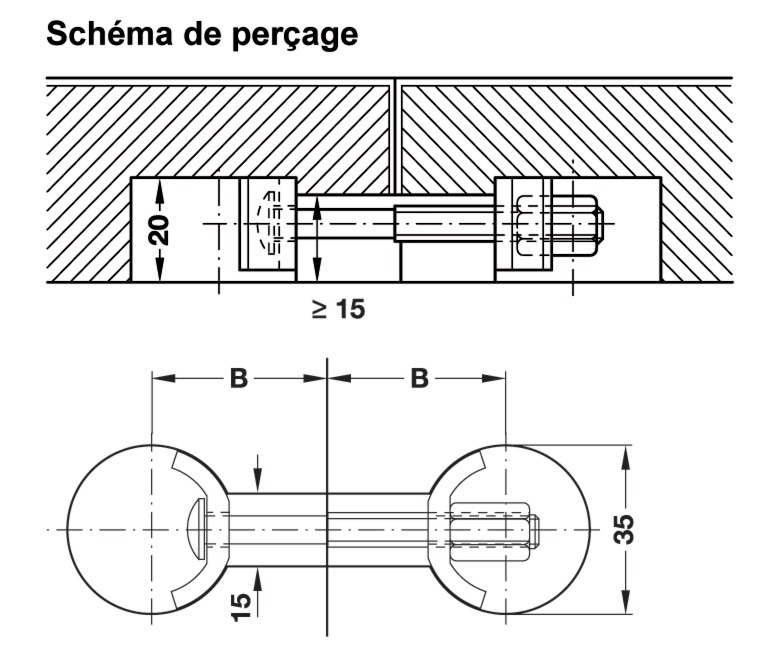 Ferrure d'assemblage de plan de travail - Distance de perçage : 48 à 60 -  Longueur : 116 mm - TCASYSTEM : : Bricolage